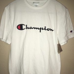 White Champion tee with embroidered logo
